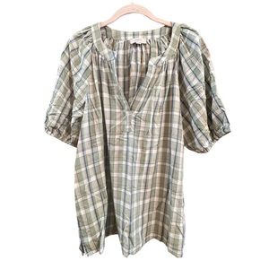 Loft Green Plaid Blouse with Short Sleeves Size Medium